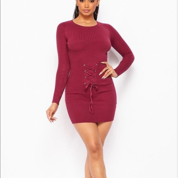 NEW TRENDY NAVY BLUE RIBBED LONG SLEEVE KNIT FRONT LACE UP WAIST BELT MINI DRESS - Picture 5 of 5